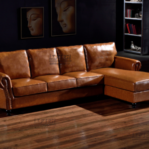 Brown Leather L - shaped Sofa with Classic Design