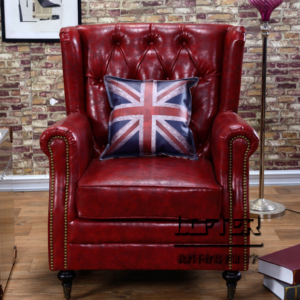 Vintage - modern Red Leather Wingback Chair with Union Jack Decor