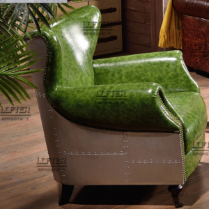 Modern Green Leather Chair with Metallic Sides
