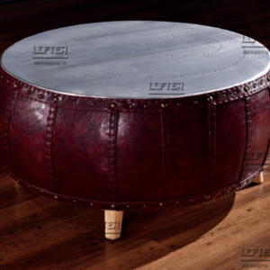 Round Leather and Metal Side Table