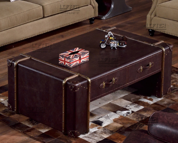 Vintage - style Brown Leather Coffee Table with Brass Accents